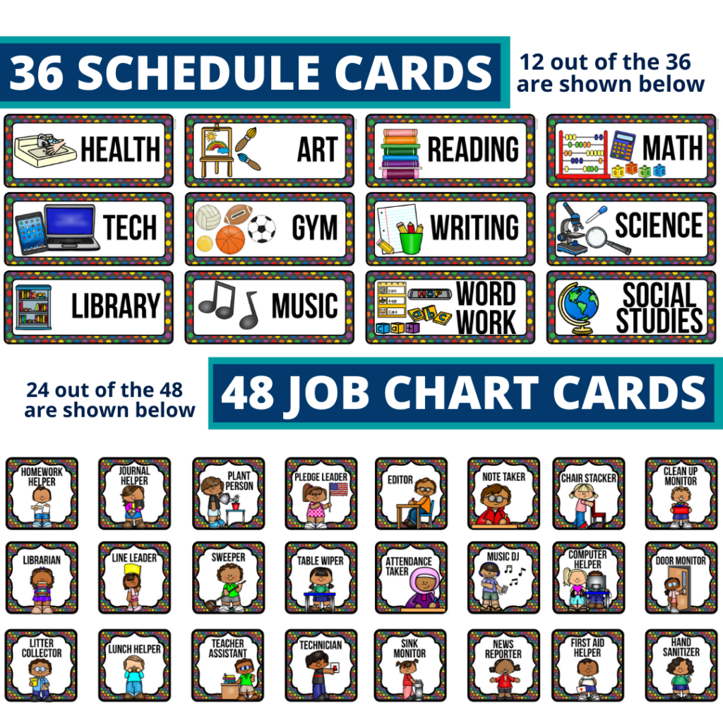 editable elementary schedule cards and job chart labels with a crayons theme