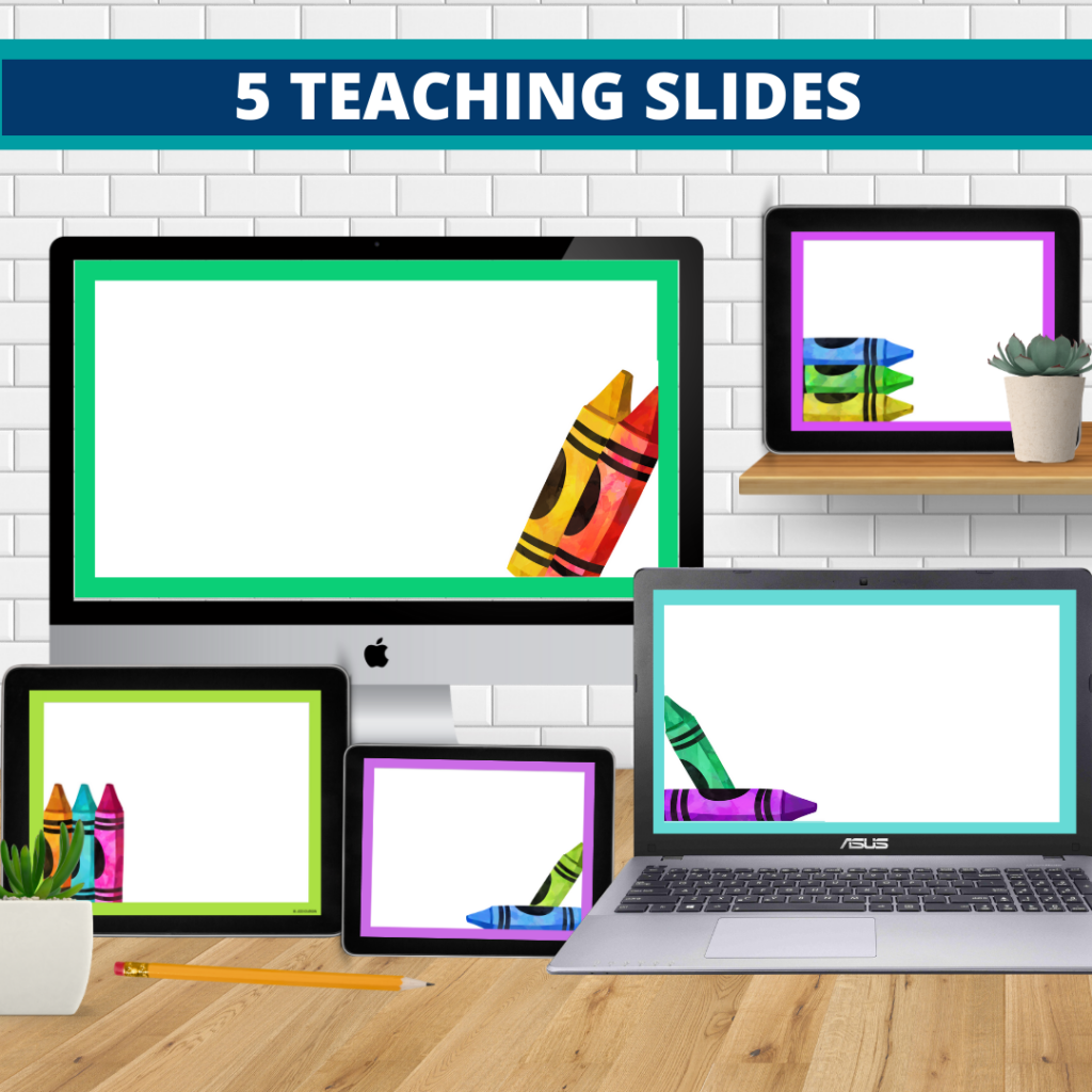 crayons theme google classroom slides and powerpoint templates for elementary teachers shown on computers