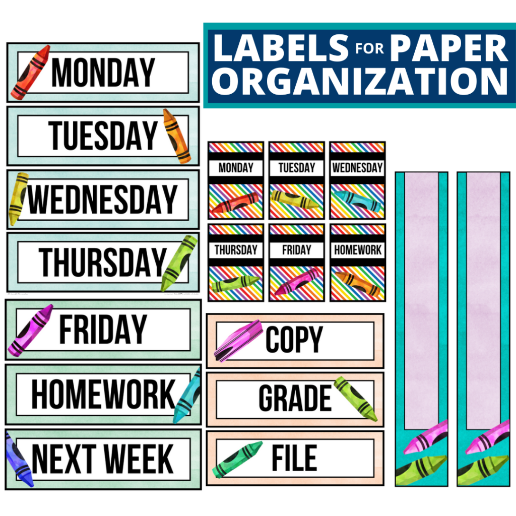 crayons theme labels for paper organization in the classroom