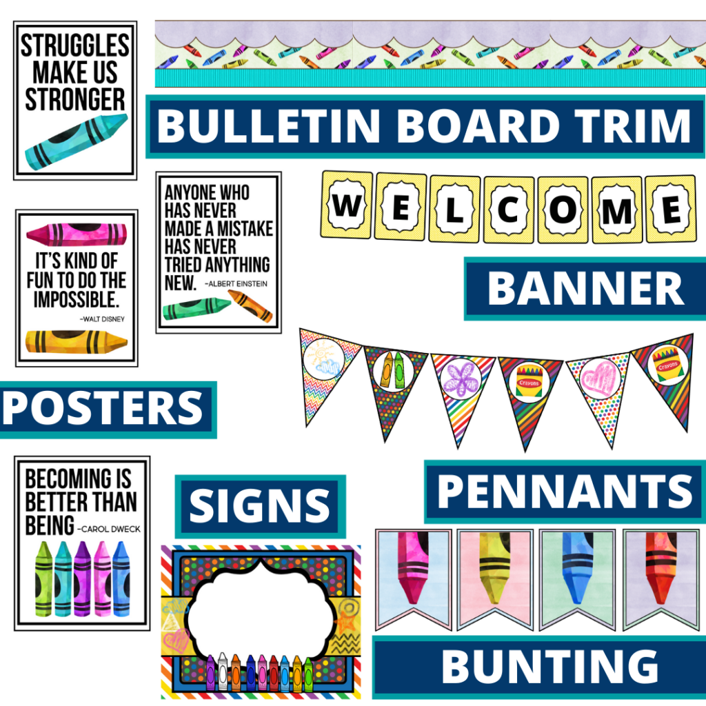 crayons theme bulletin board trim with pennants, banner and bunting