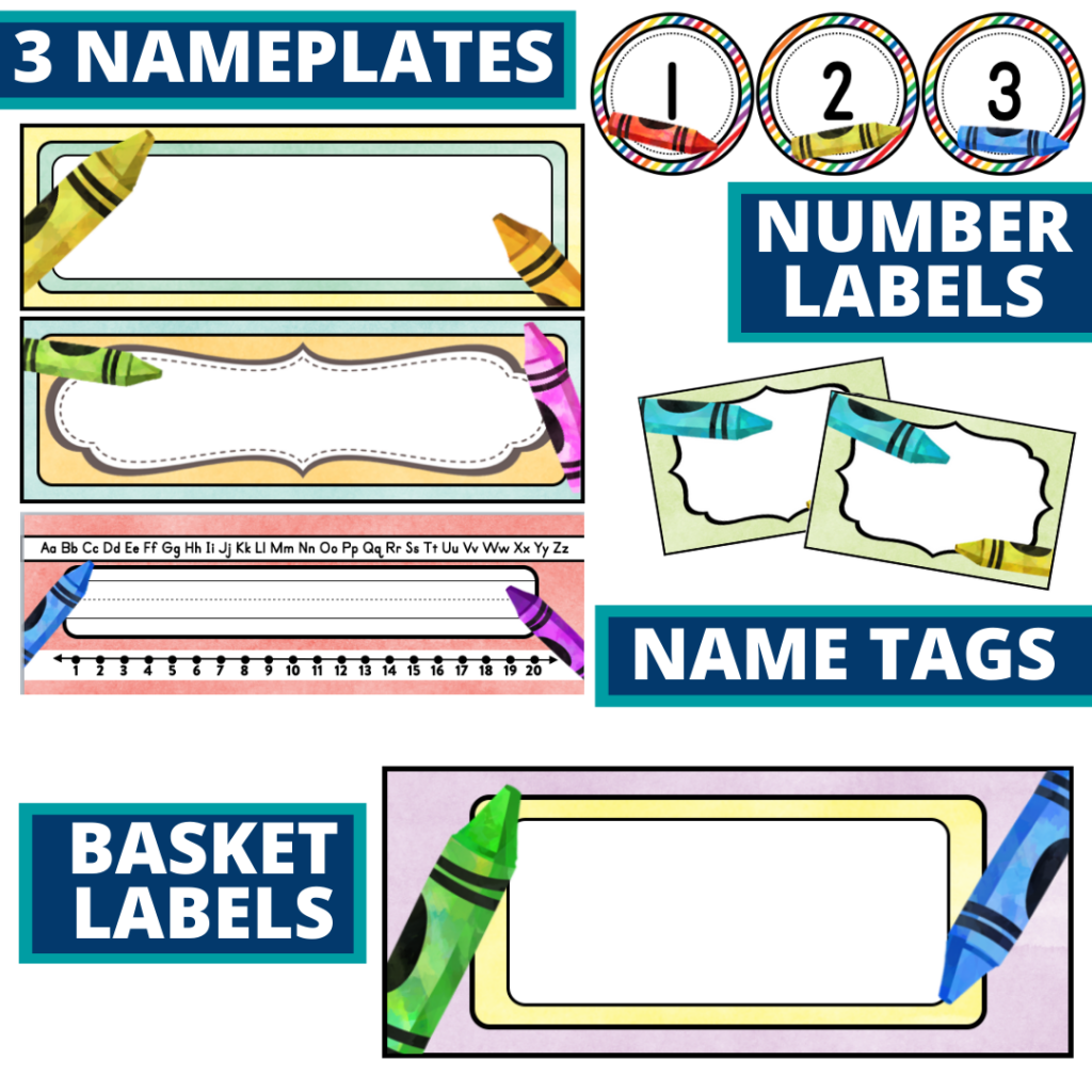 editable nameplates and basket labels for a crayons themed classroom