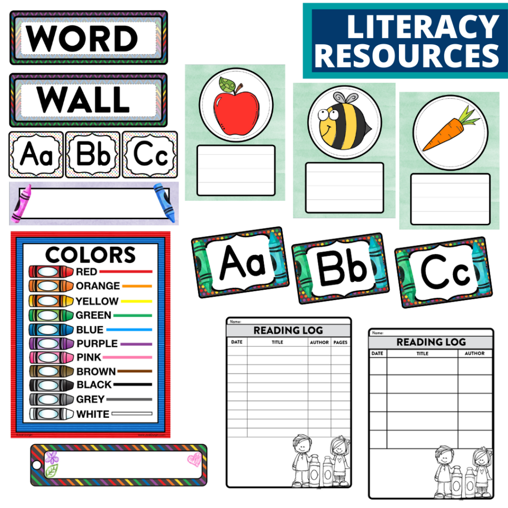 elementary classroom word wall and reading logs for a crayons themed classroom