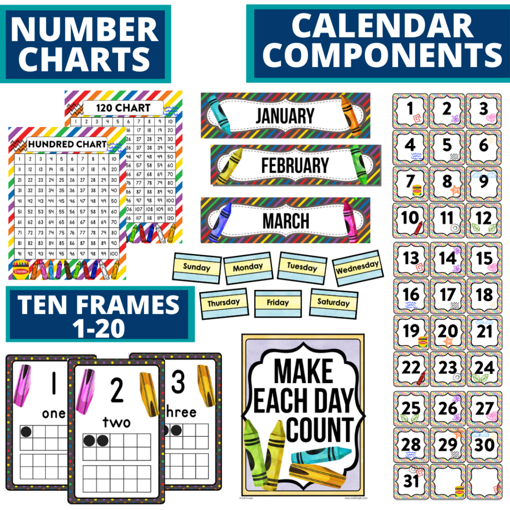 DIY printable classroom calendar for elementary teachers using a crayons classroom theme