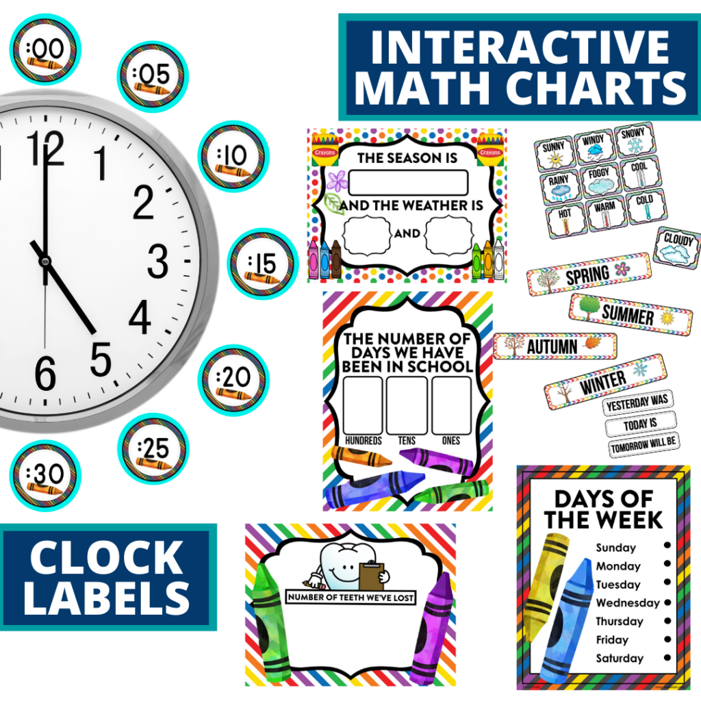 crayons themed math resources for telling time, place value and the days of the week