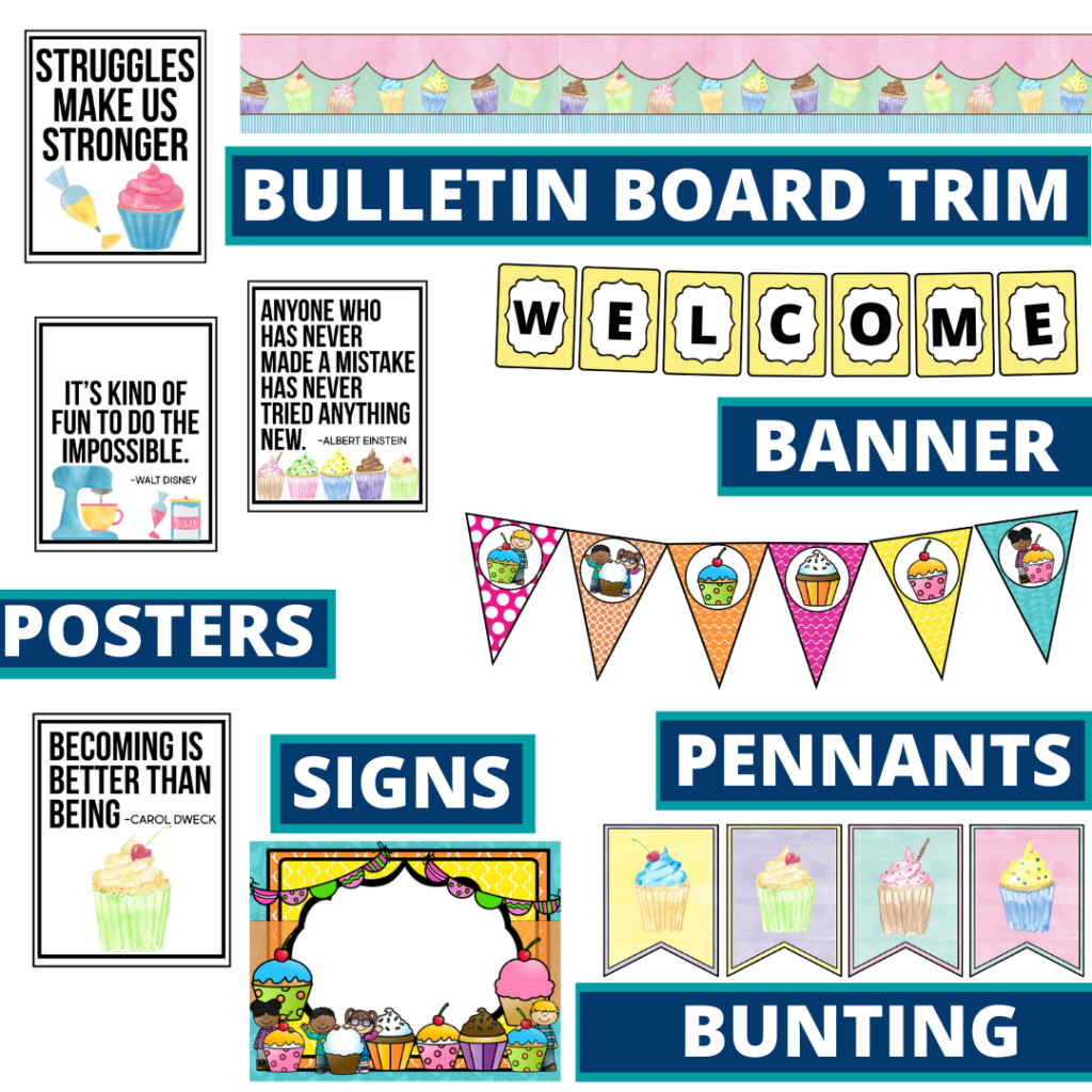 cupcakes theme bulletin board trim with pennants, banner and bunting