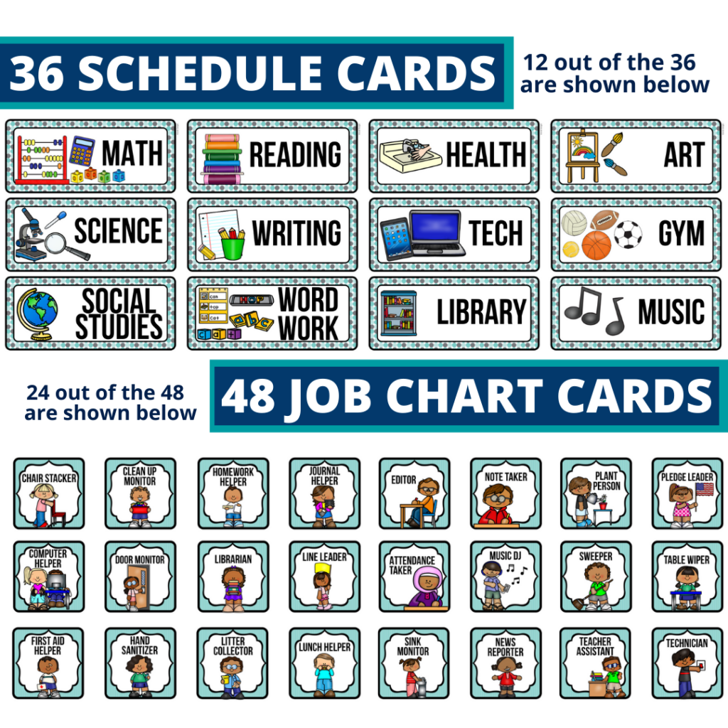 editable elementary schedule cards and job chart labels with a dog theme