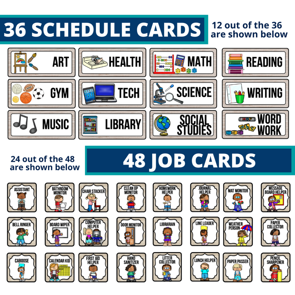 editable elementary schedule cards and job chart labels with a eucalyptus theme