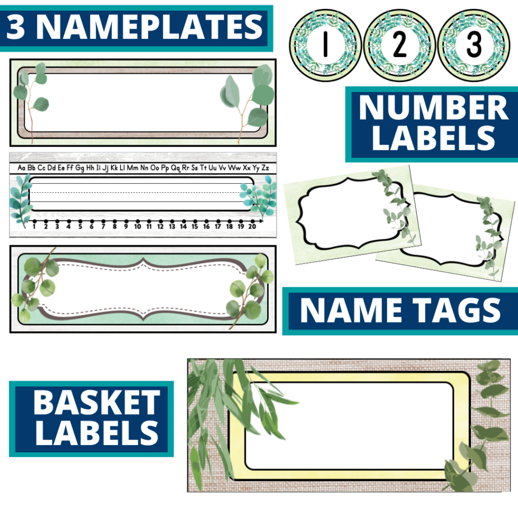 editable nameplates and basket labels for a eucalyptus themed classroom