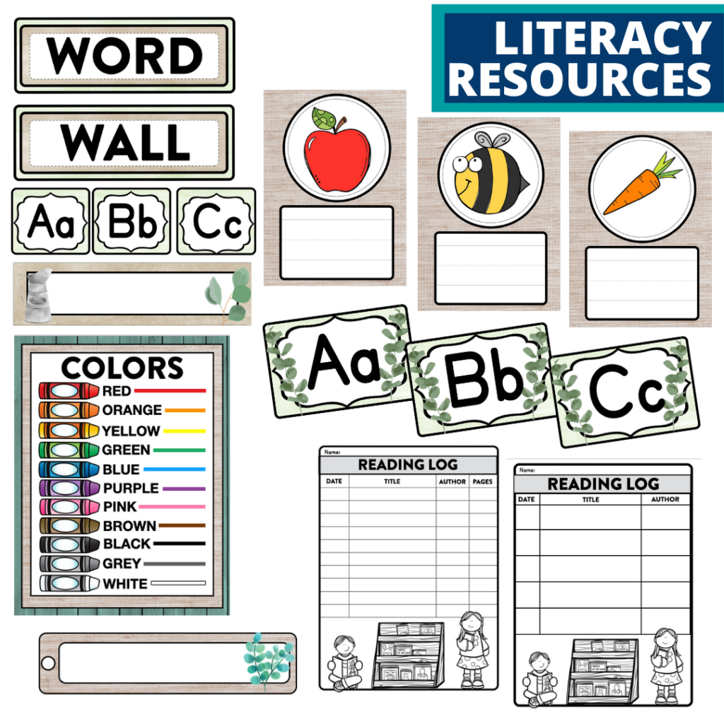 elementary classroom word wall and reading logs for a eucalyptus themed classroom