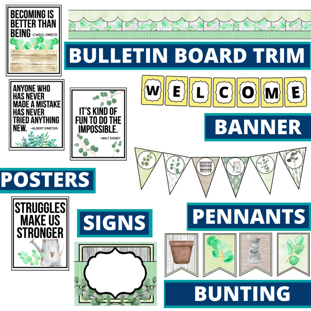 eucalyptus theme bulletin board trim with pennants, banner and bunting