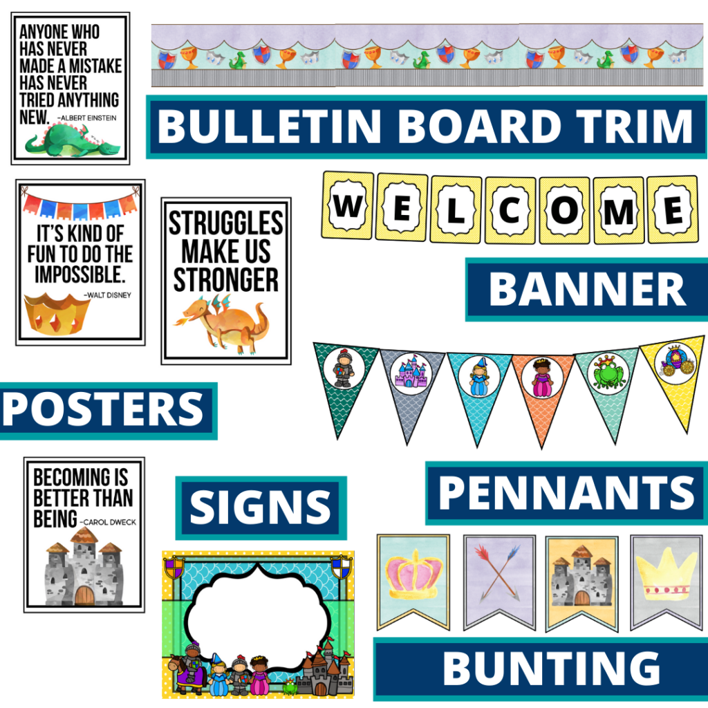 fairy tales theme bulletin board trim with pennants, banner and bunting