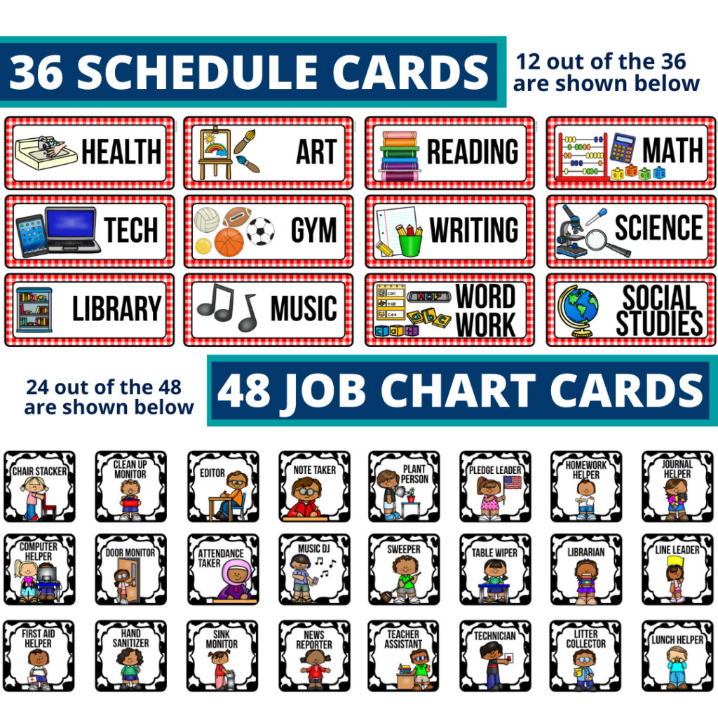 editable elementary schedule cards and job chart labels with a farm theme