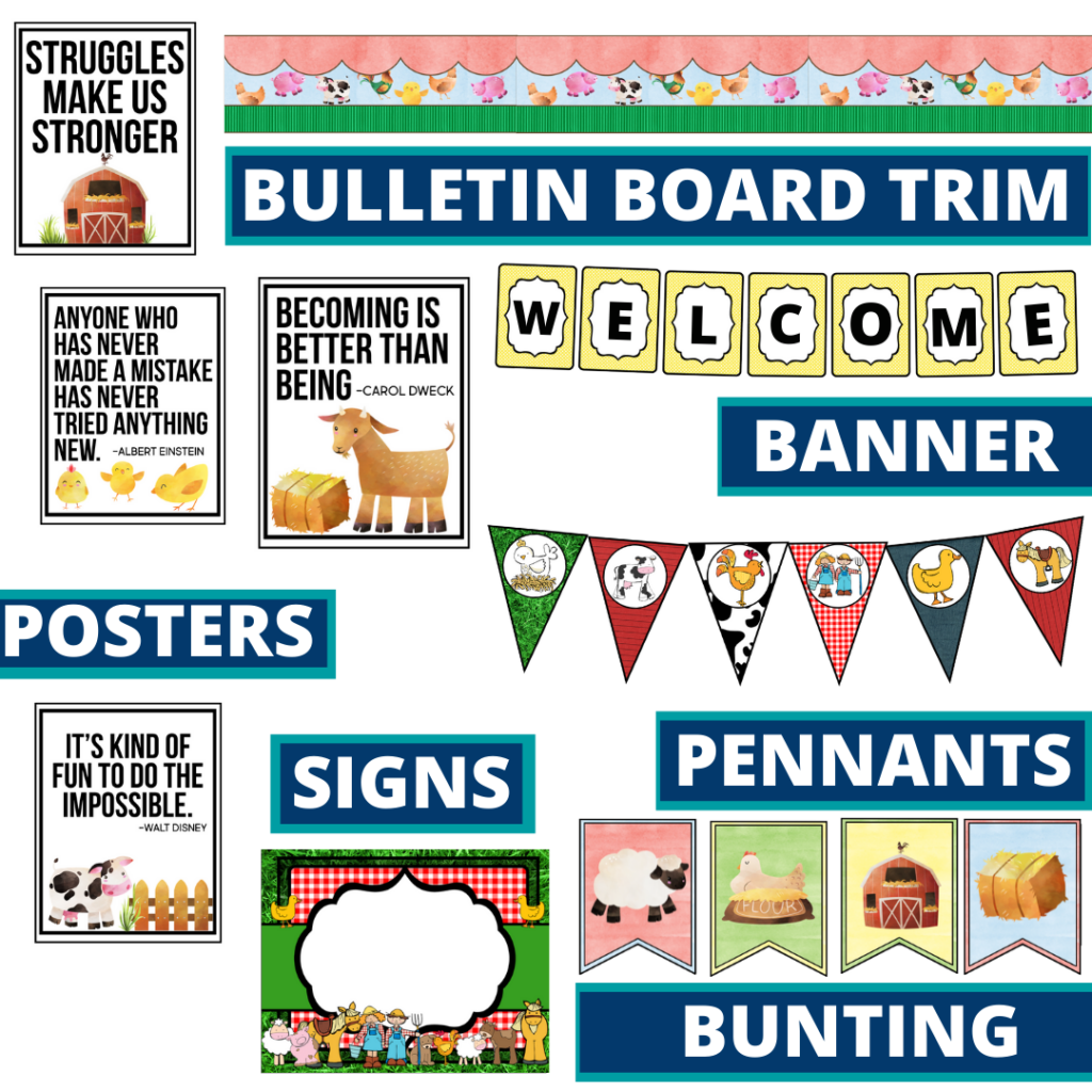 farm theme bulletin board trim with pennants, banner and bunting