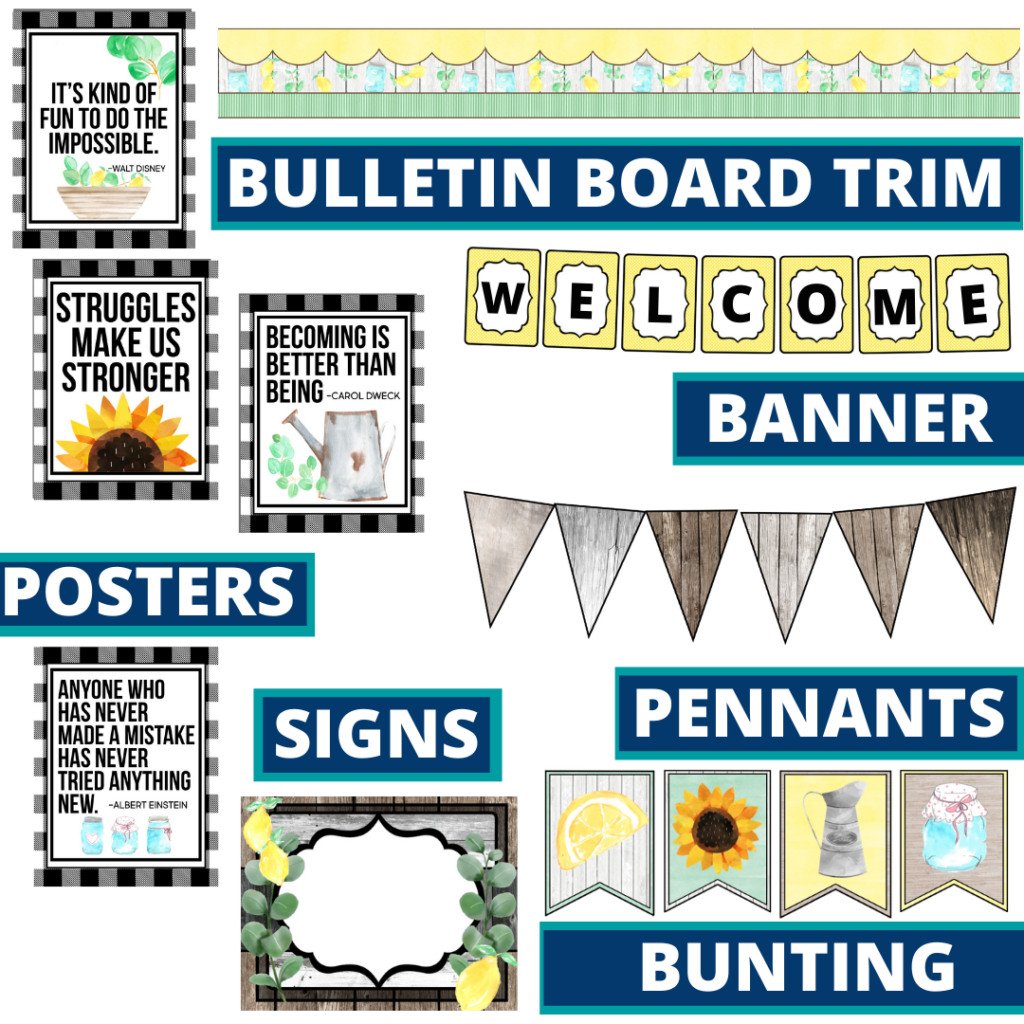 farmhouse theme bulletin board trim with pennants, banner and bunting