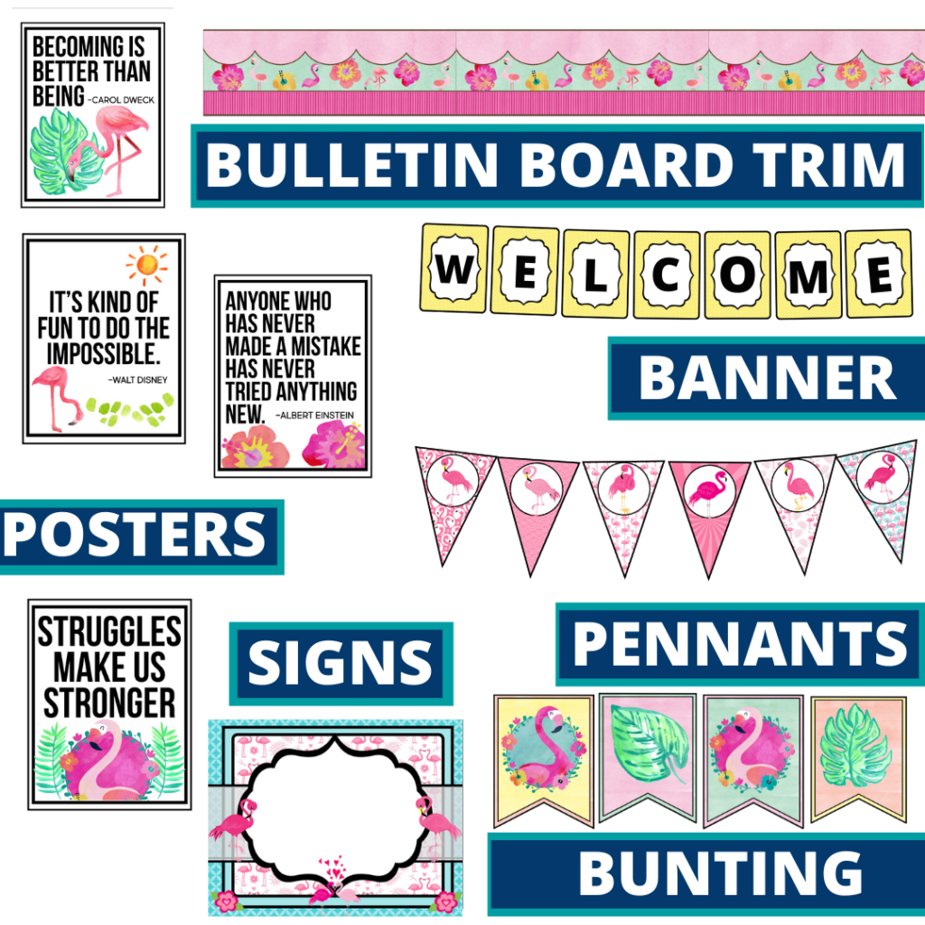 flamingo theme bulletin board trim with pennants, banner and bunting