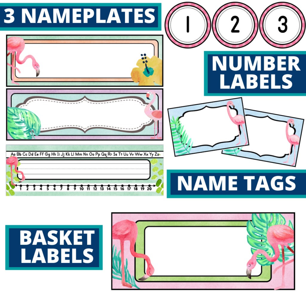 editable nameplates and basket labels for a flamingo themed classroom