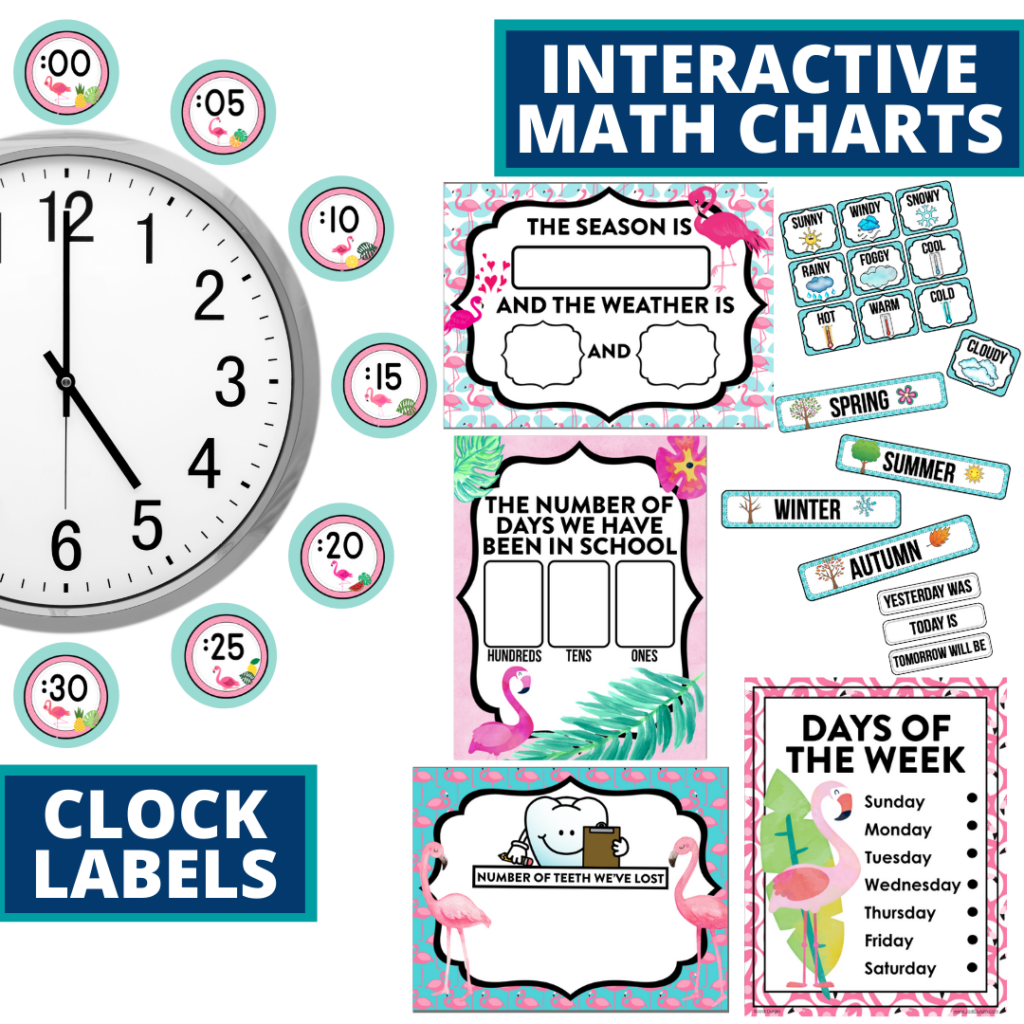 flamingo themed math resources for telling time, place value and the days of the week