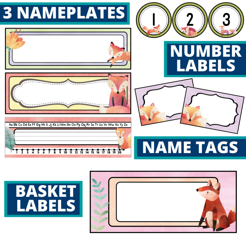editable nameplates and basket labels for a fox themed classroom