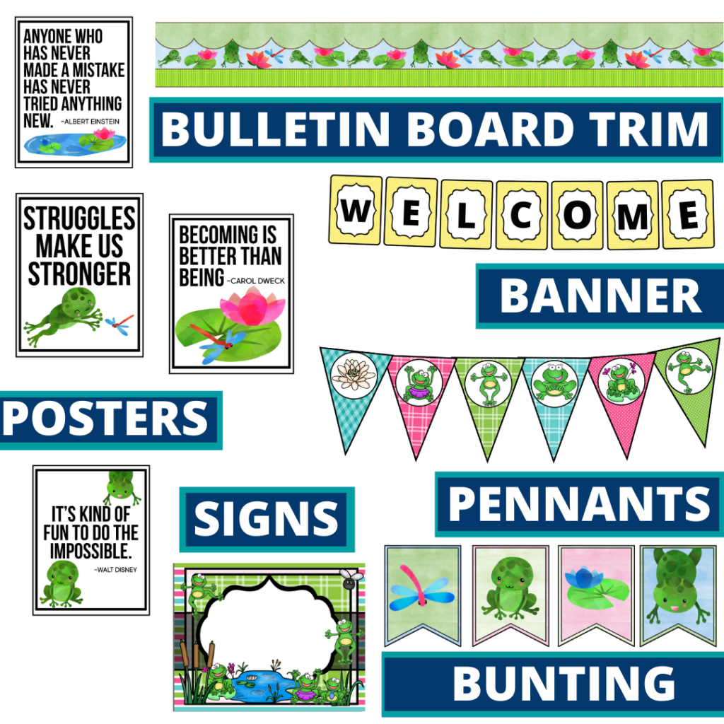 frog theme bulletin board trim with pennants, banner and bunting