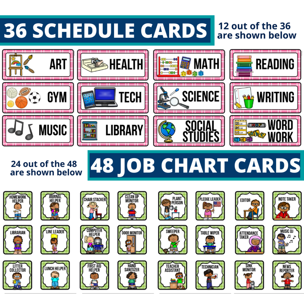 editable elementary schedule cards and job chart labels with a garden theme