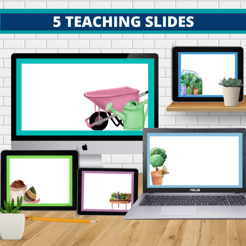 garden theme google classroom slides and powerpoint templates for elementary teachers shown on computers
