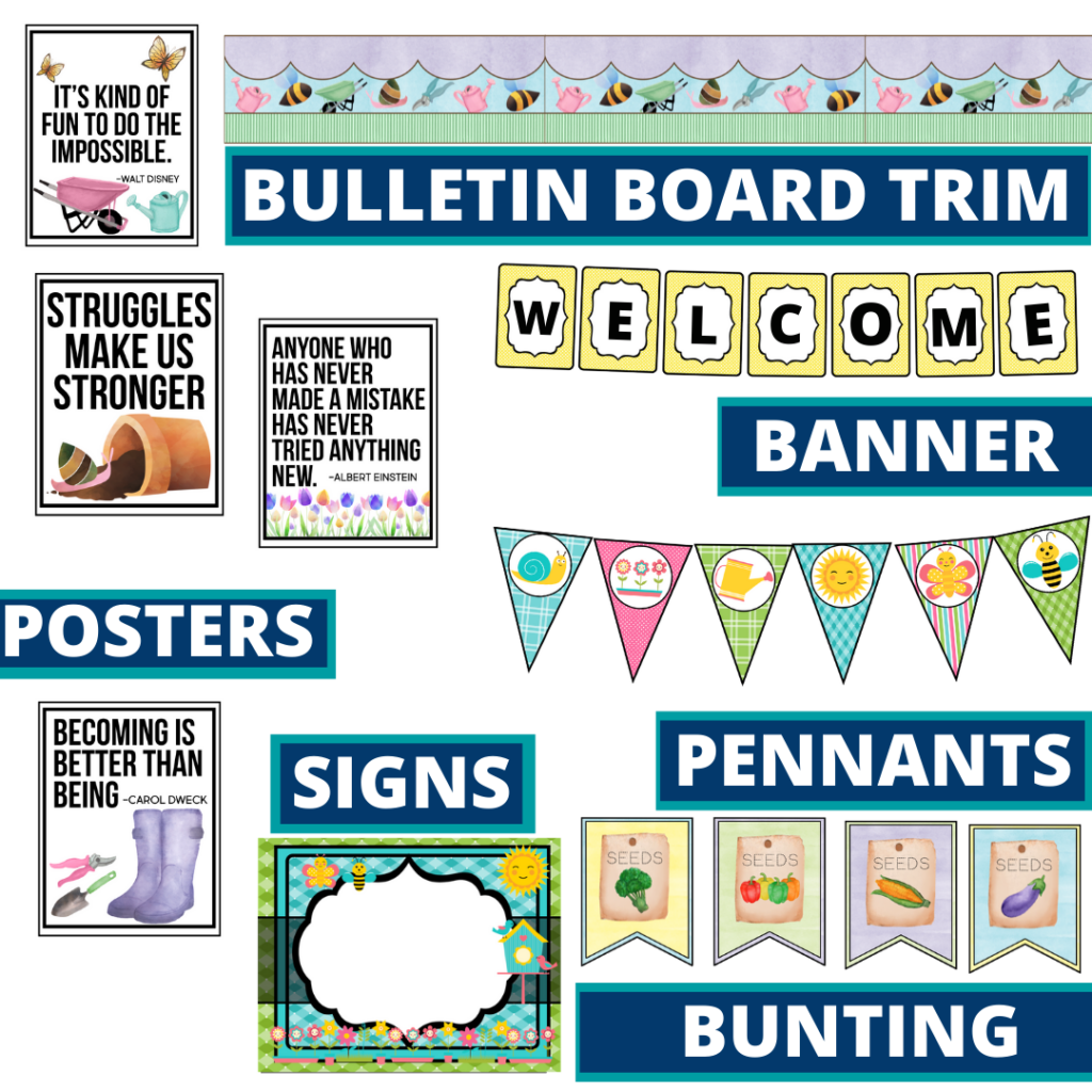 garden theme bulletin board trim with pennants, banner and bunting