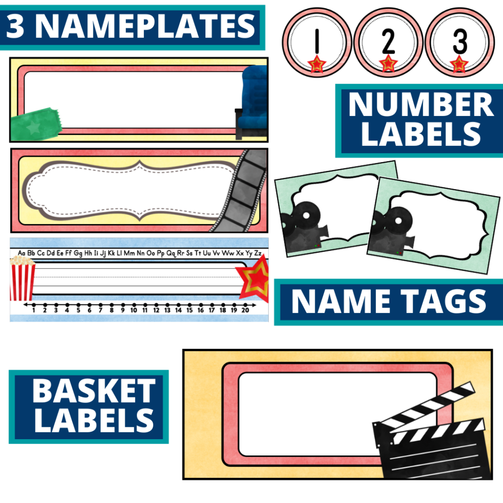 editable nameplates and basket labels for a hollywood themed classroom