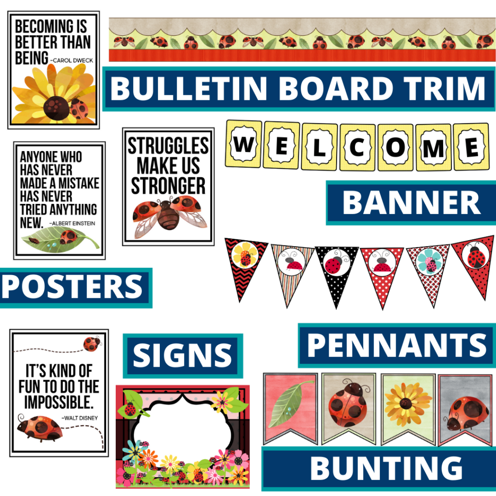 ladybug theme bulletin board trim with pennants, banner and bunting