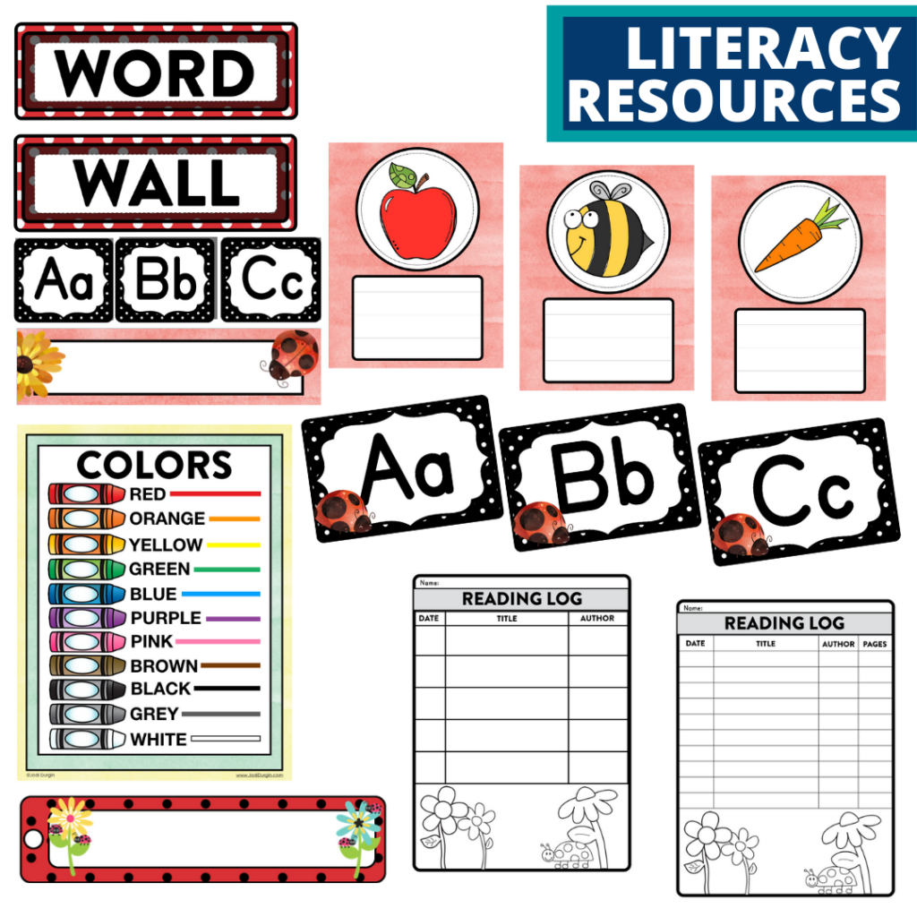 elementary classroom word wall and reading logs for a ladybug themed classroom