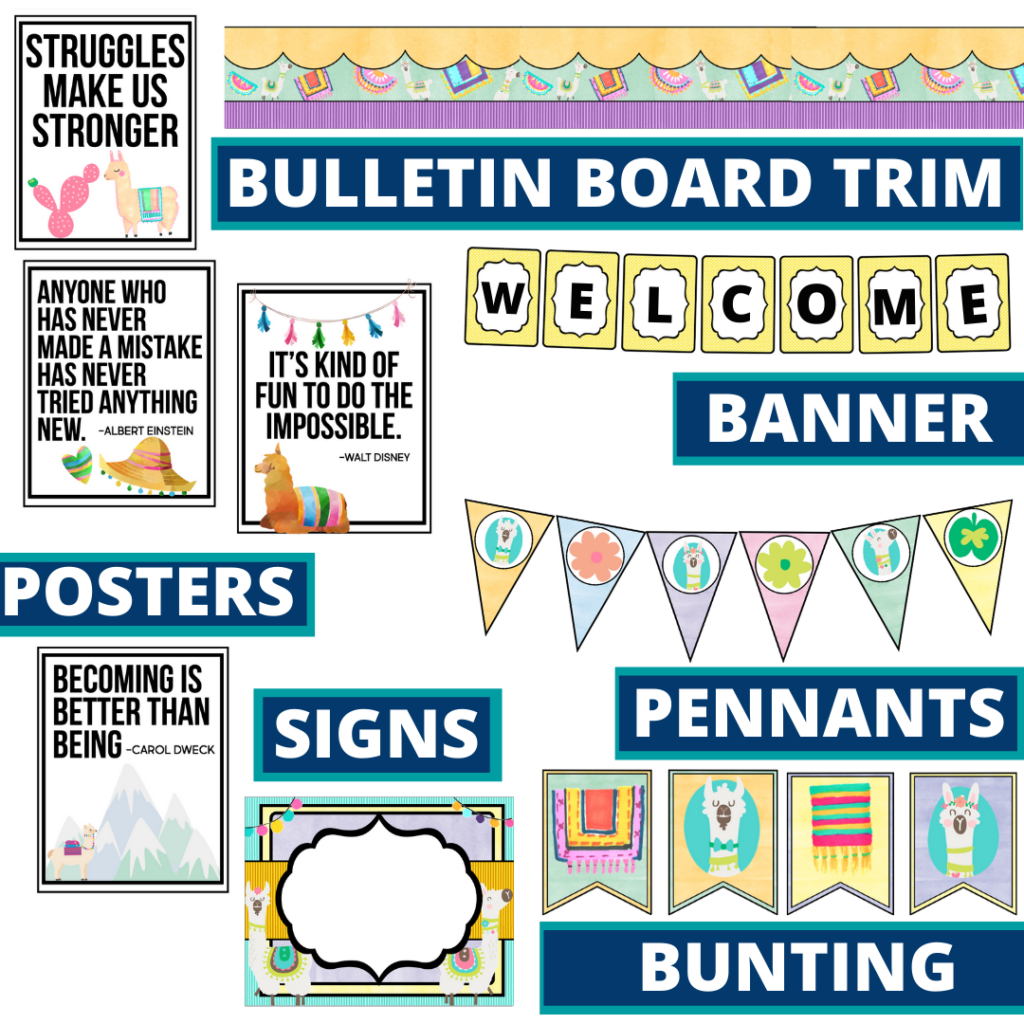 llama theme bulletin board trim with pennants, banner and bunting