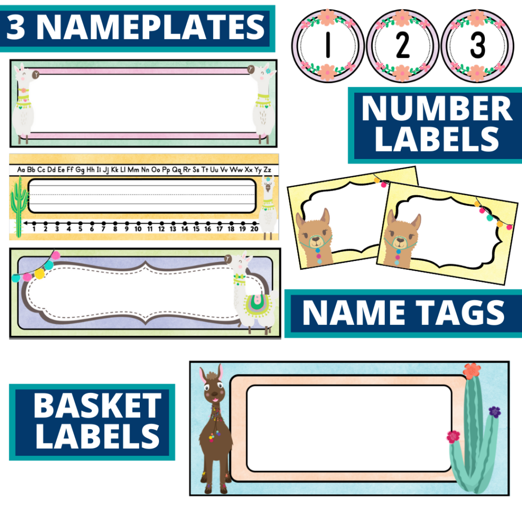 editable nameplates and basket labels for a llama themed classroom