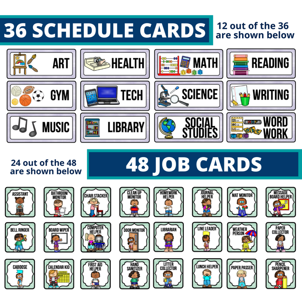 editable elementary schedule cards and job chart labels with a mermaid theme