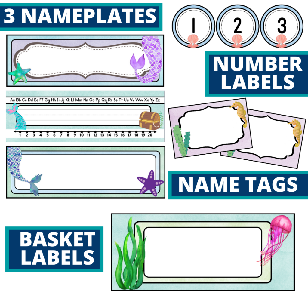 editable nameplates and basket labels for a mermaid themed classroom