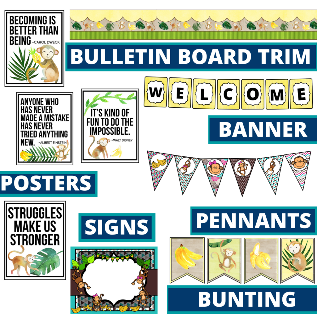 monkey theme bulletin board trim with pennants, banner and bunting