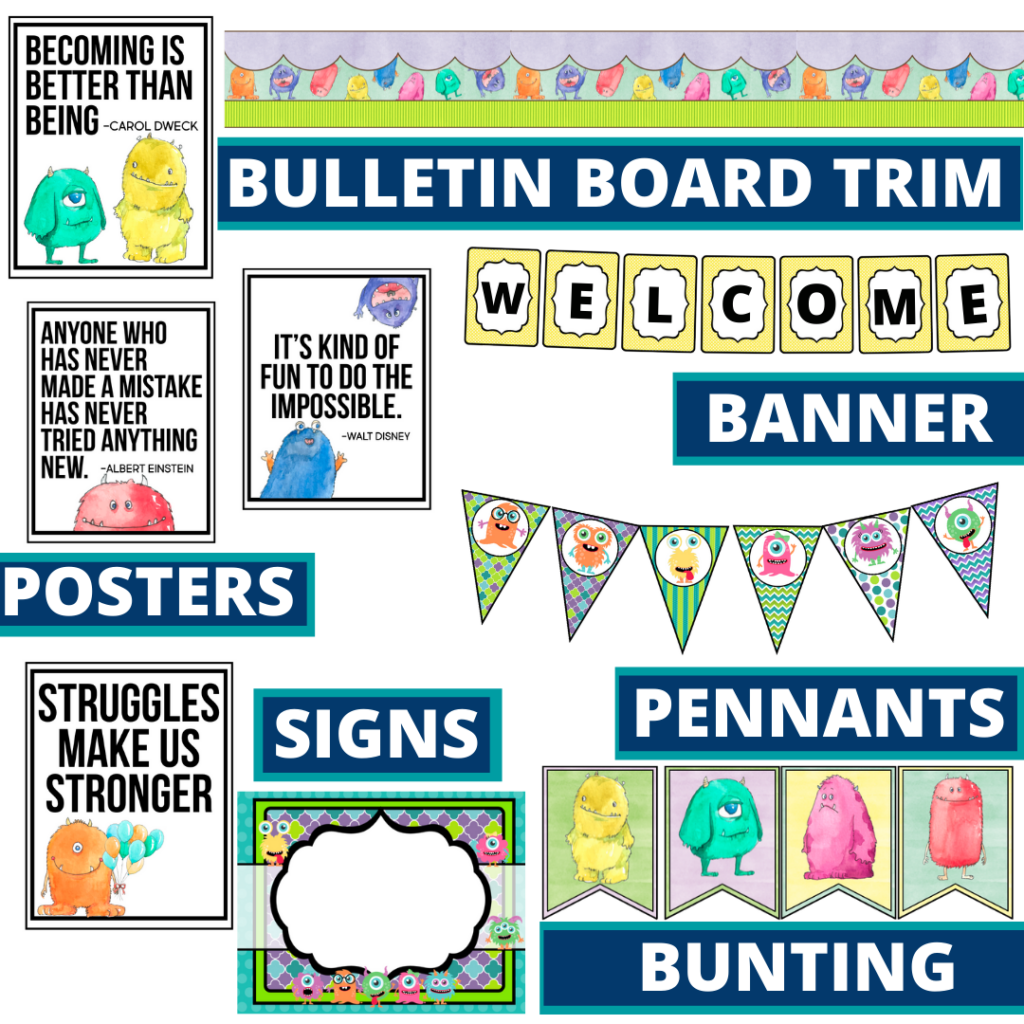 monster theme bulletin board trim with pennants, banner and bunting