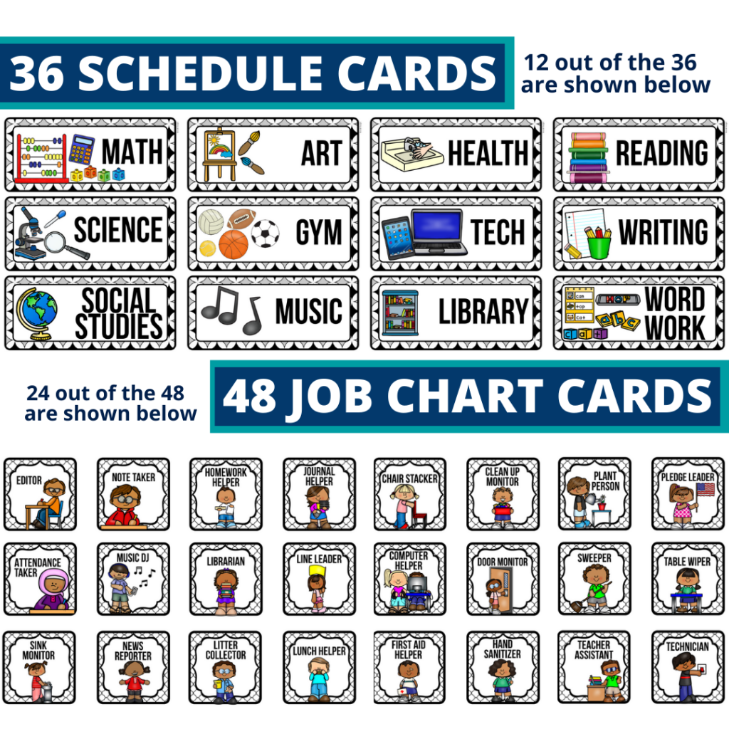 editable elementary schedule cards and job chart labels with a mystery theme