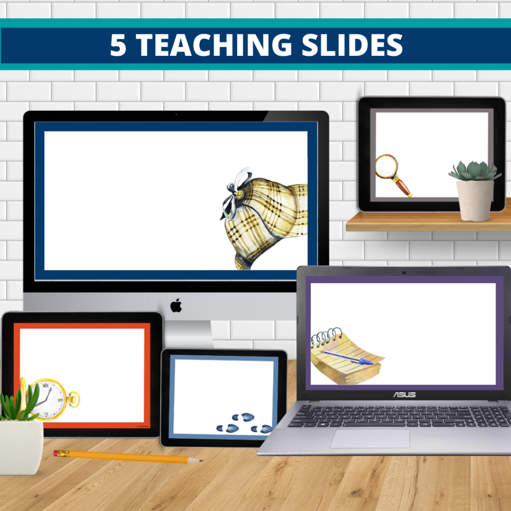 mystery theme google classroom slides and powerpoint templates for elementary teachers shown on computers