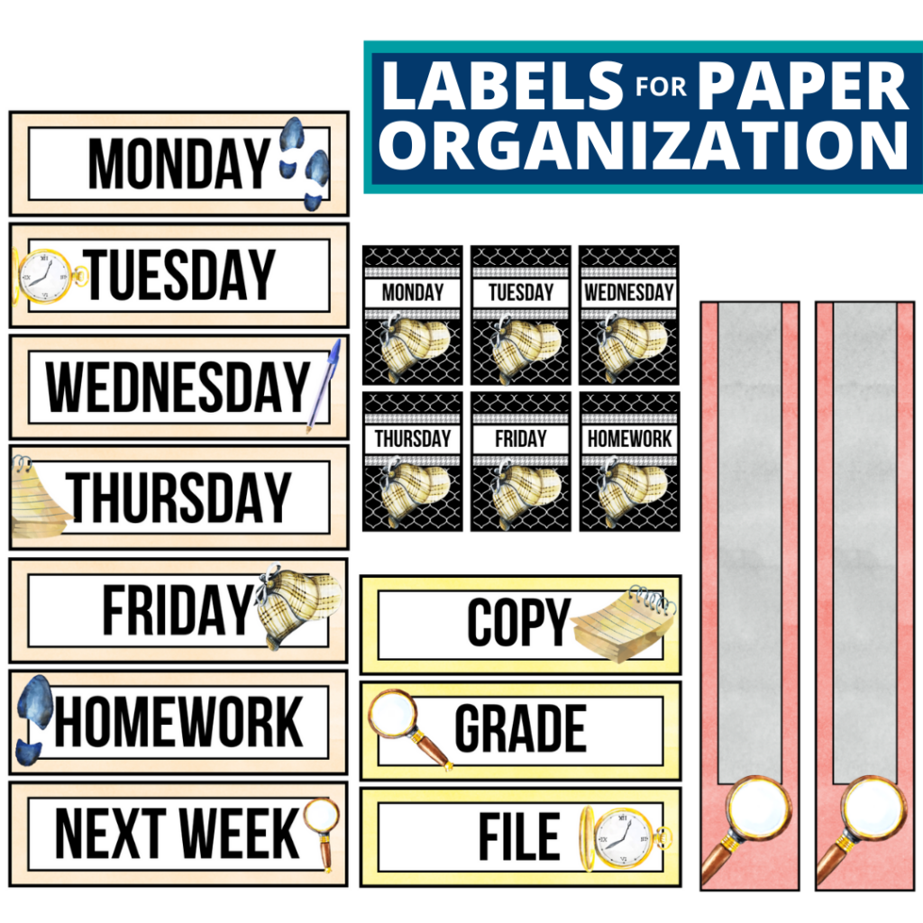 mystery theme labels for paper organization in the classroom