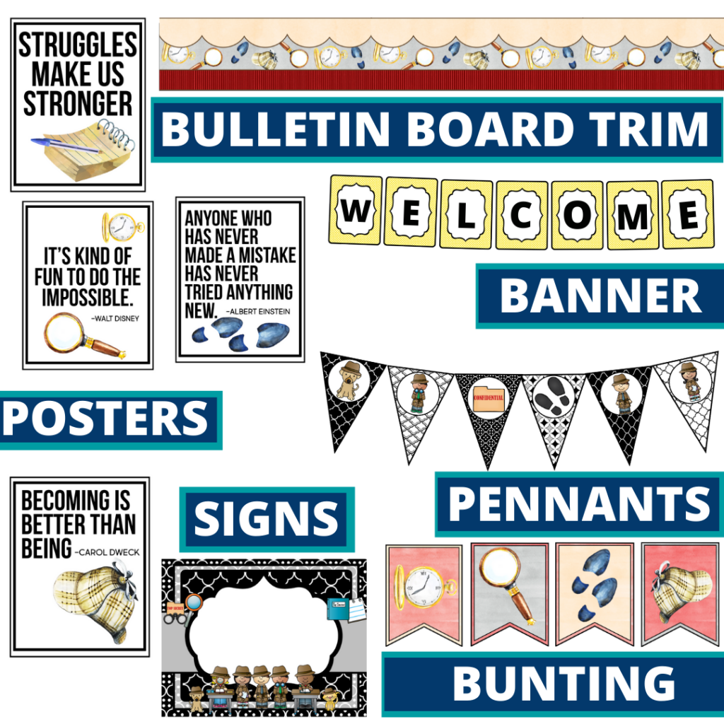 mystery theme bulletin board trim with pennants, banner and bunting