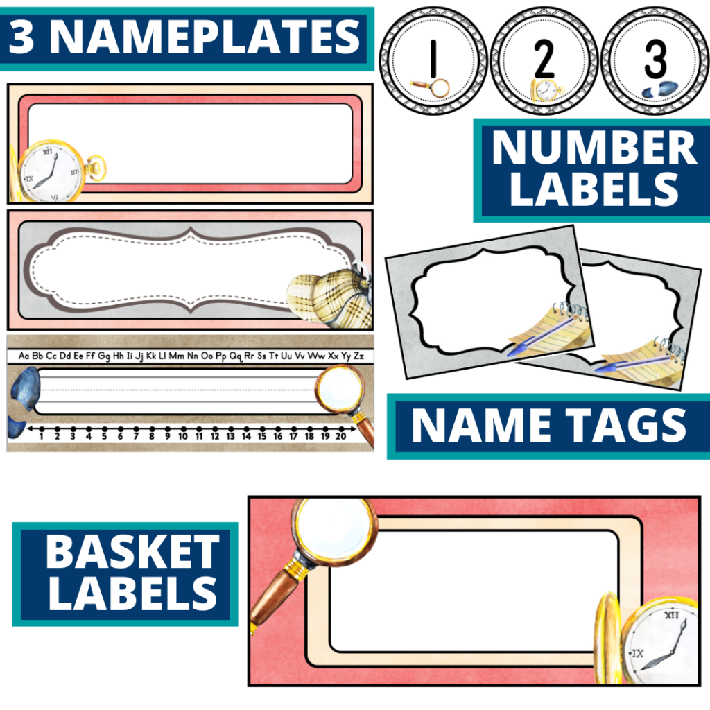 editable nameplates and basket labels for a mystery themed classroom