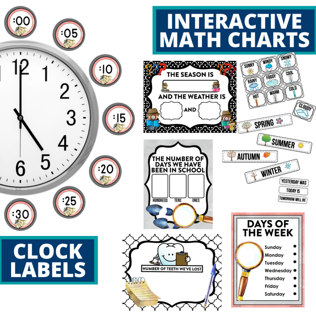 mystery themed math resources for telling time, place value and the days of the week