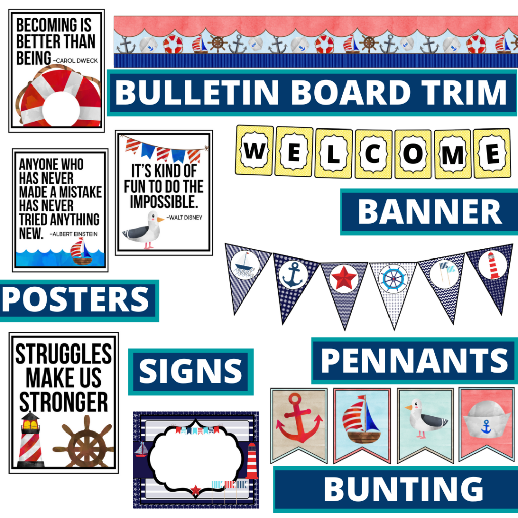 nautical theme bulletin board trim with pennants, banner and bunting