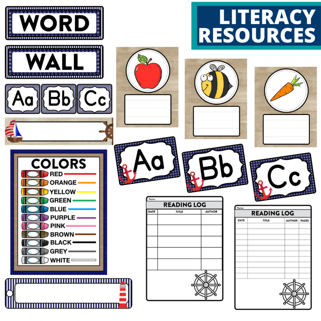 elementary classroom word wall and reading logs for a nautical themed classroom