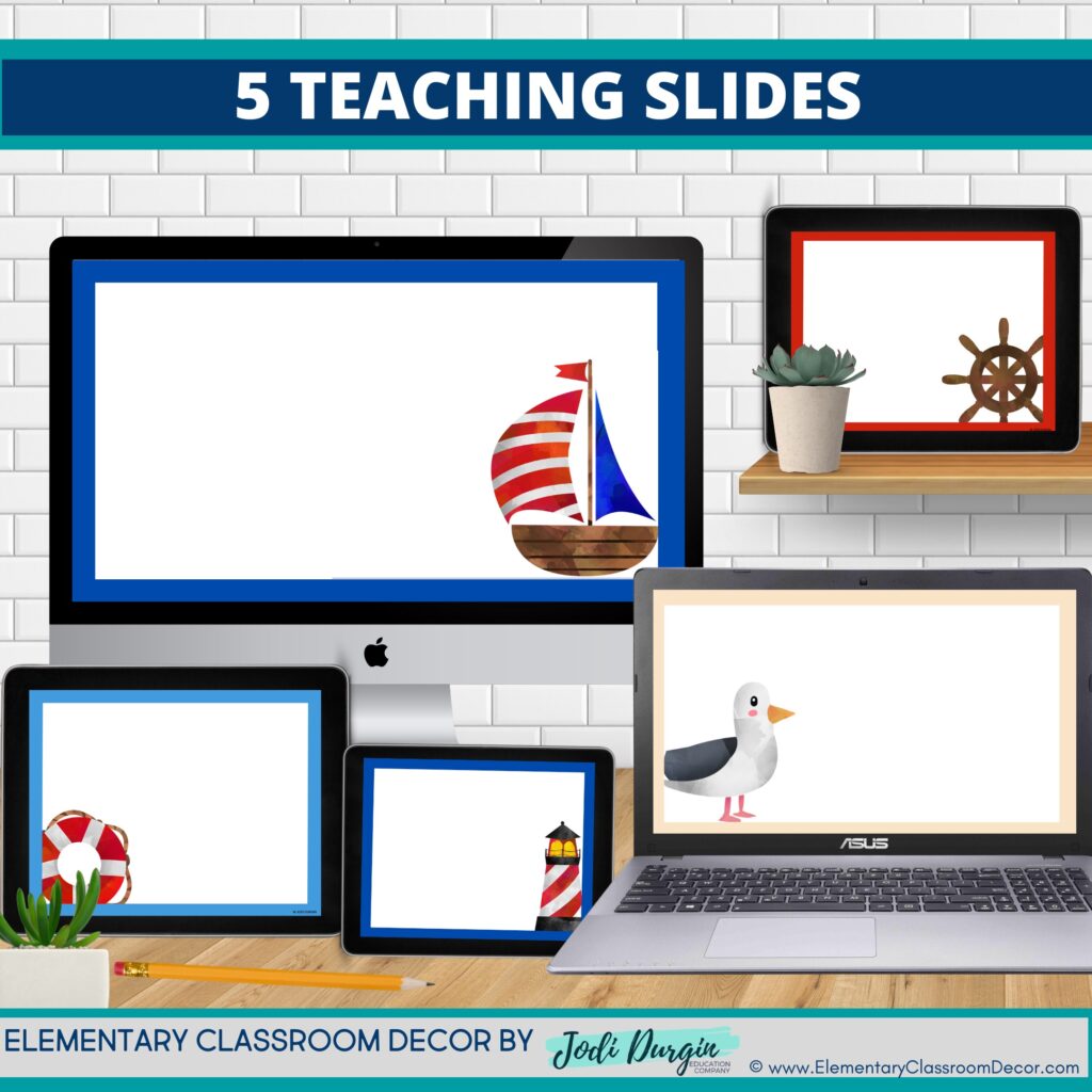 nautical theme google classroom slides and powerpoint templates for elementary teachers shown on computers