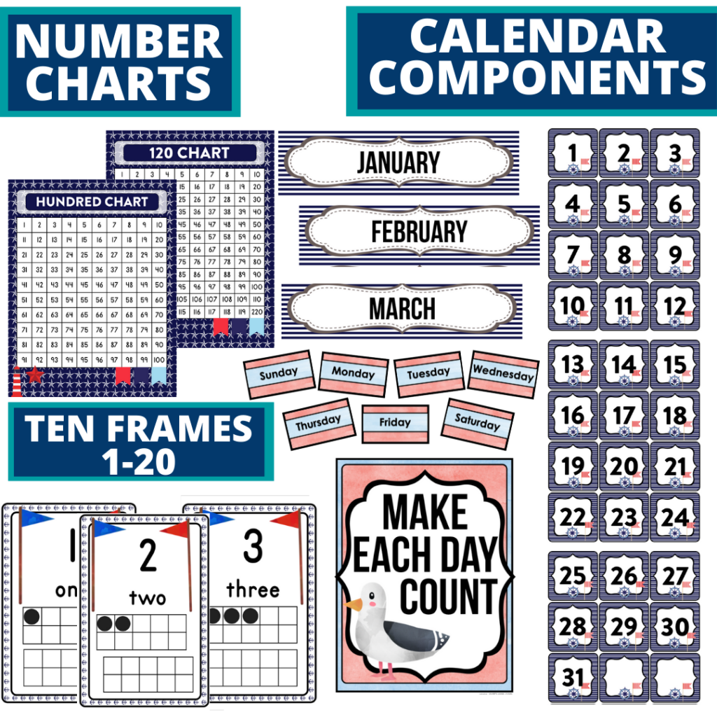 DIY printable classroom calendar for elementary teachers using a nautical classroom theme