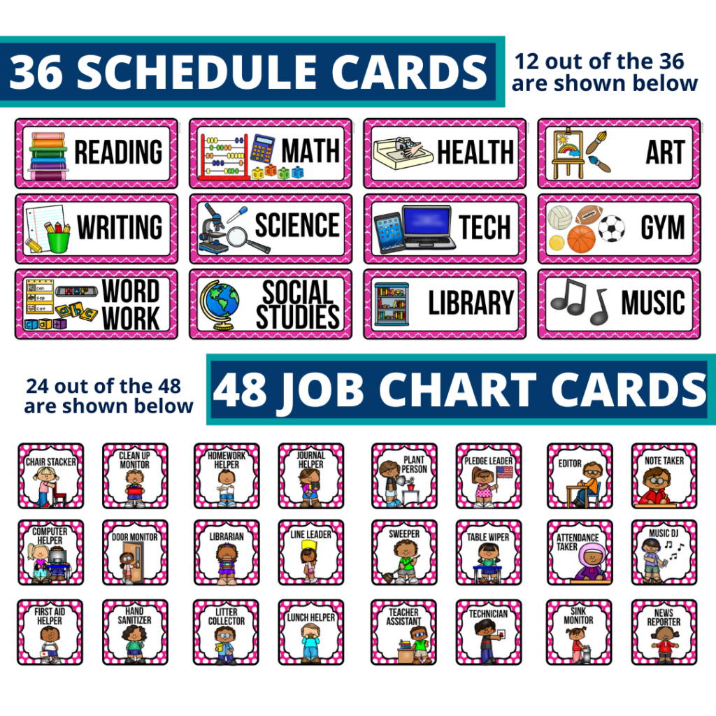 editable elementary schedule cards and job chart labels with an owls theme