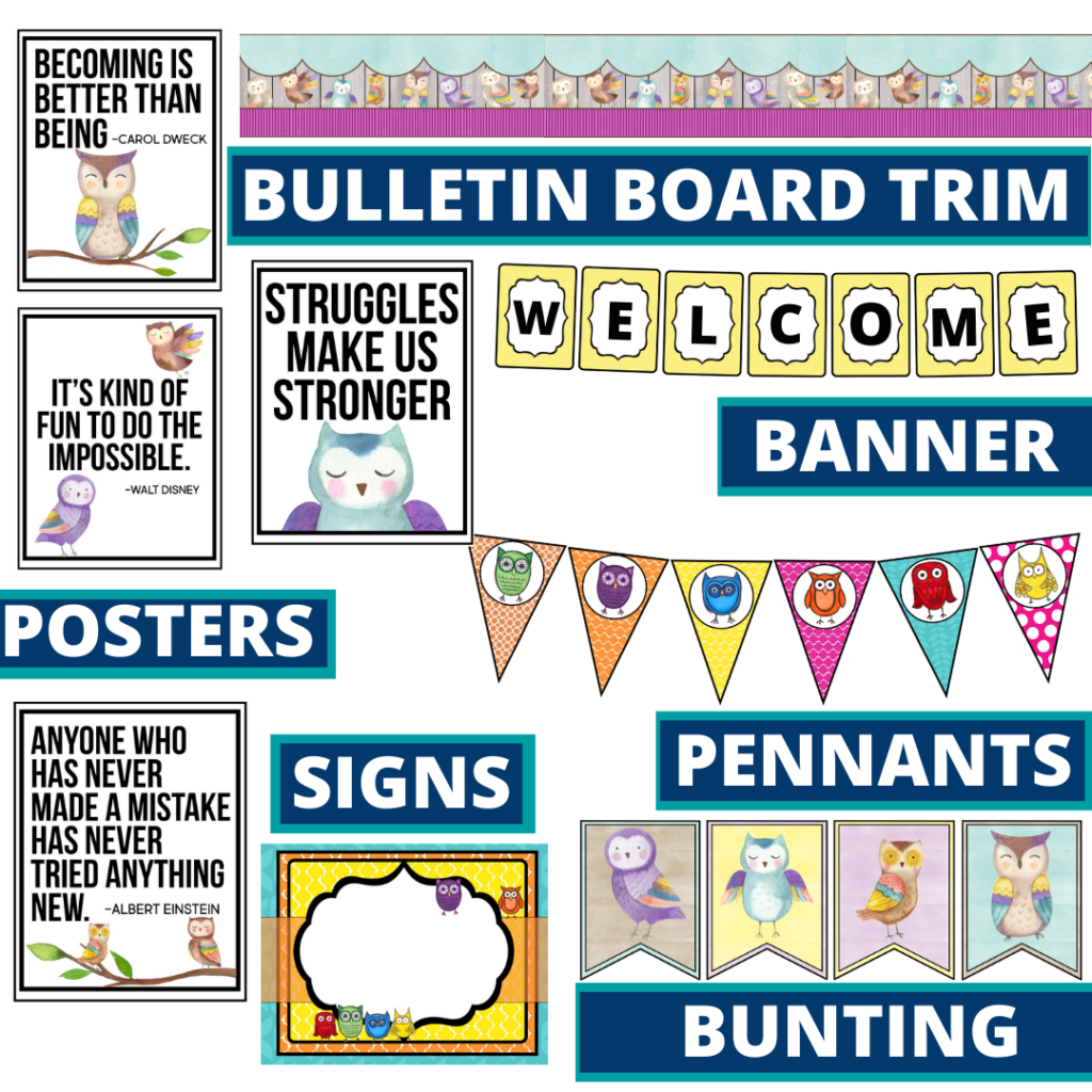 owls theme bulletin board trim with pennants, banner and bunting