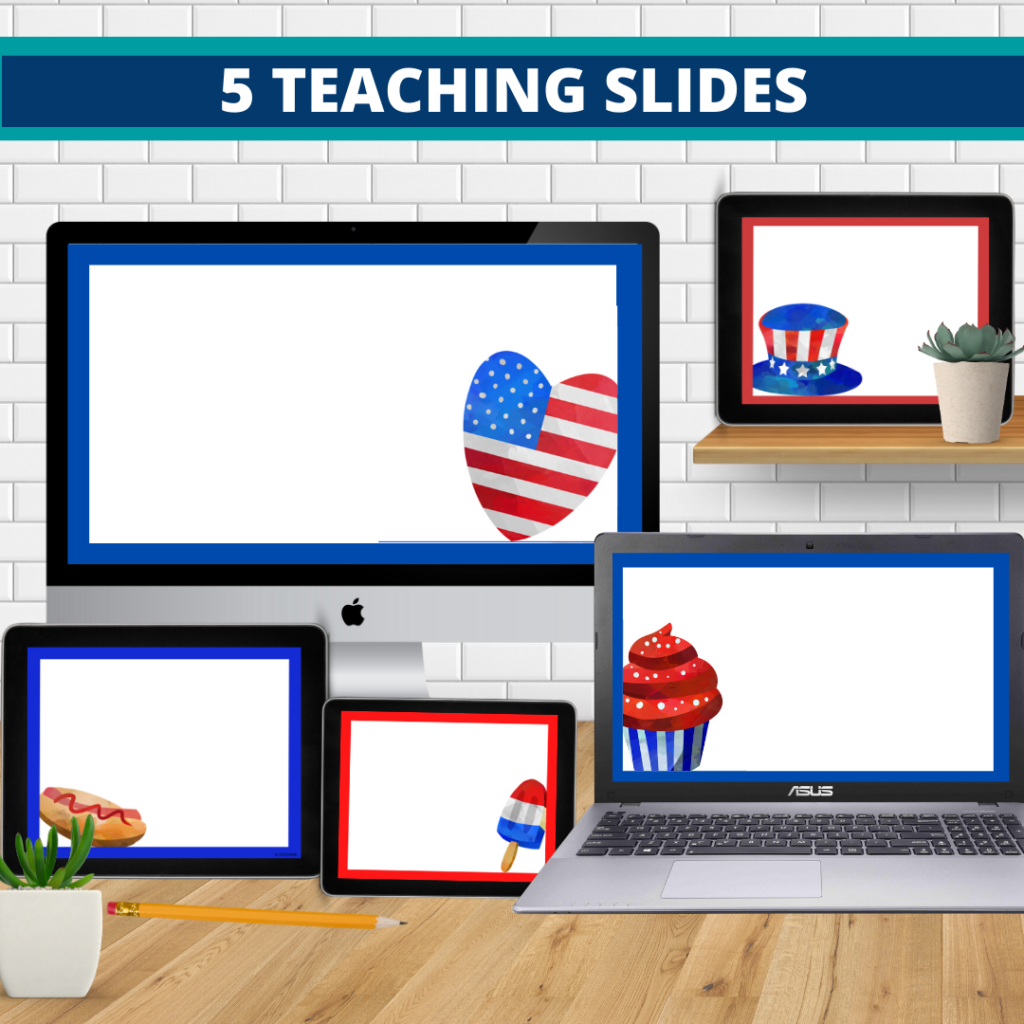 patriotic theme google classroom slides and powerpoint templates for elementary teachers shown on computers