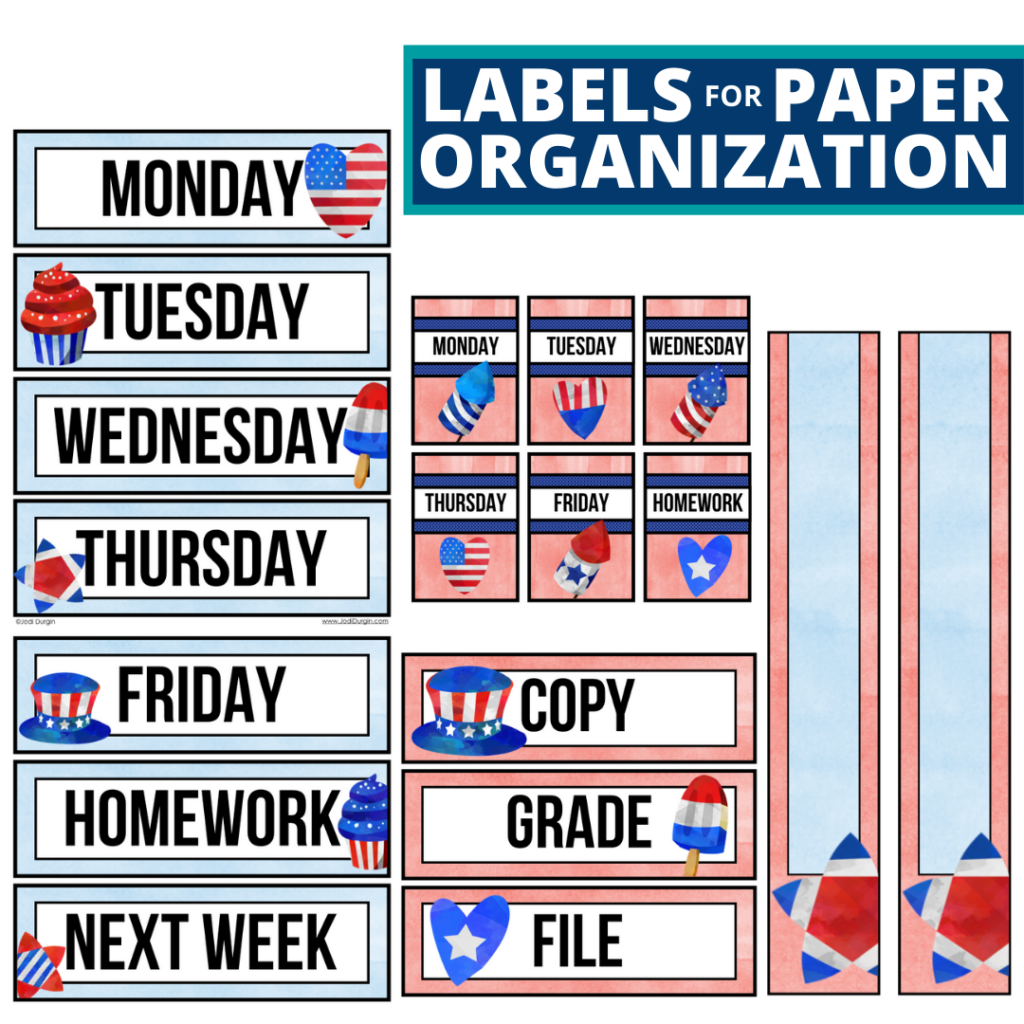 patriotic theme labels for paper organization in the classroom