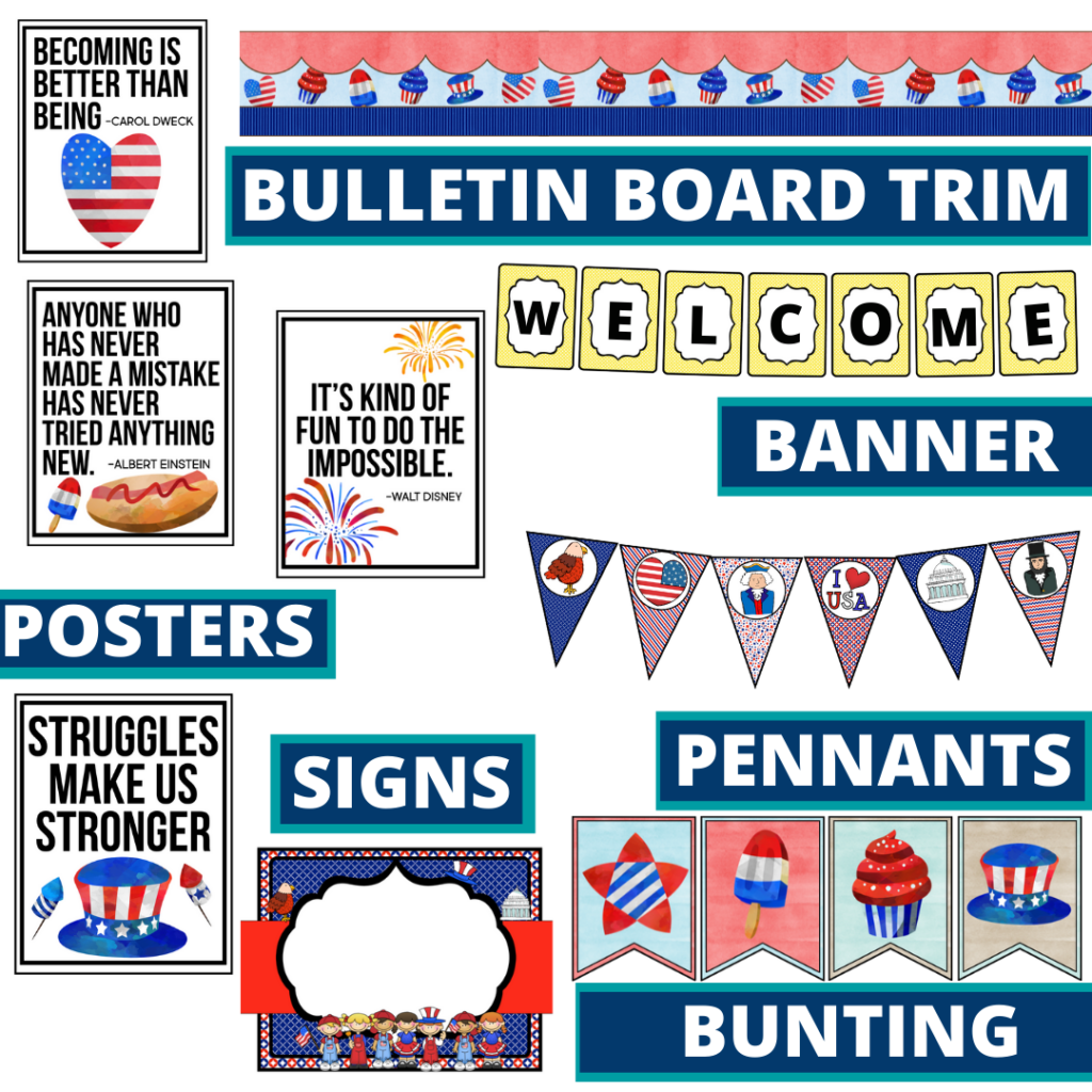 patriotic theme bulletin board trim with pennants, banner and bunting